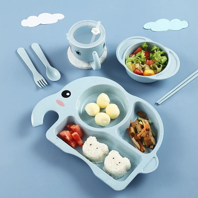 

7Pcs/1Set Baby Feeding Bowl Tableware Waterproof Spoon Non-Slip Crockery BPA Free Dishes for Baby Tableware Wheat Straw Material