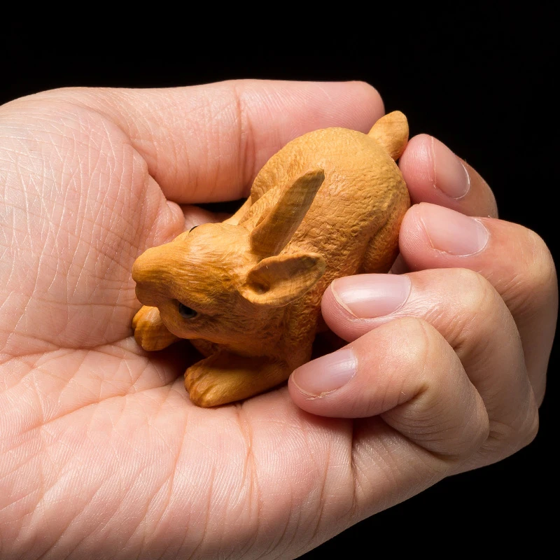 Rabbit Animal Statue Boxwood Wood Carving Crafts Zodiac Home Decoration Ornaments | Statues &amp Sculptures