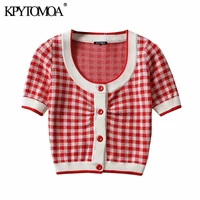 kpytomoa women 2021 fashion pleat check cropped knit cardigan sweater vintage short sleeve button up female outerwear chic tops