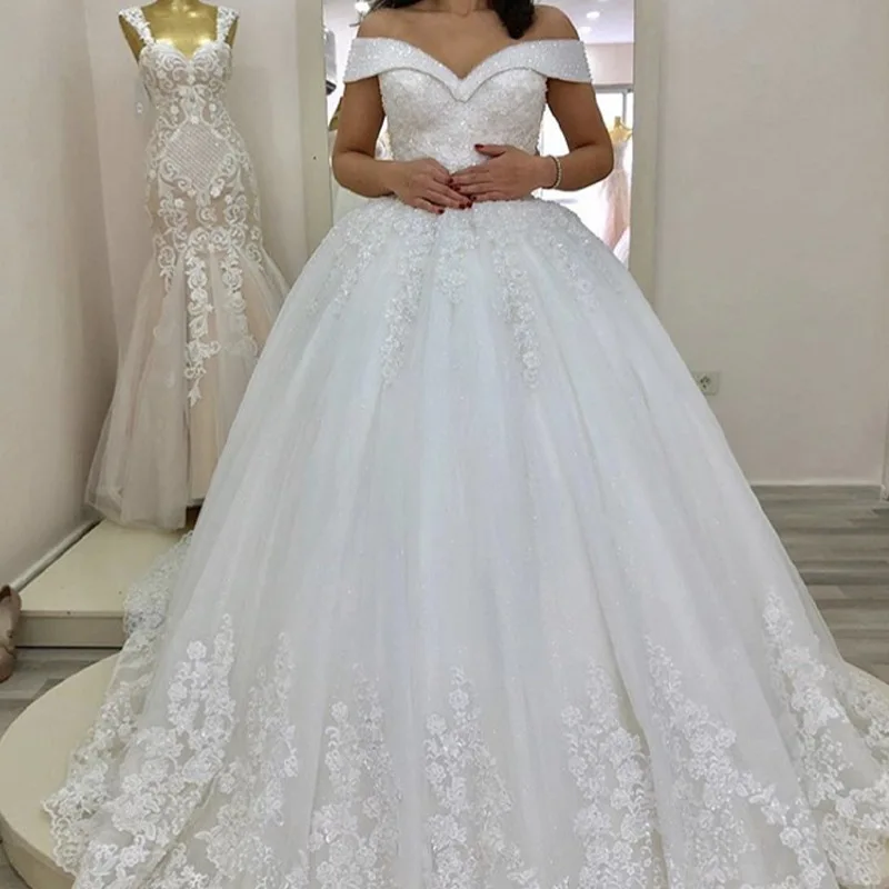 

White Princess BEALEGANTOM Ball Gown Wedding Dresses 2021 Beaded Appliques Celebrity Vestido De Noiva Robe Mariee Bride Gowns