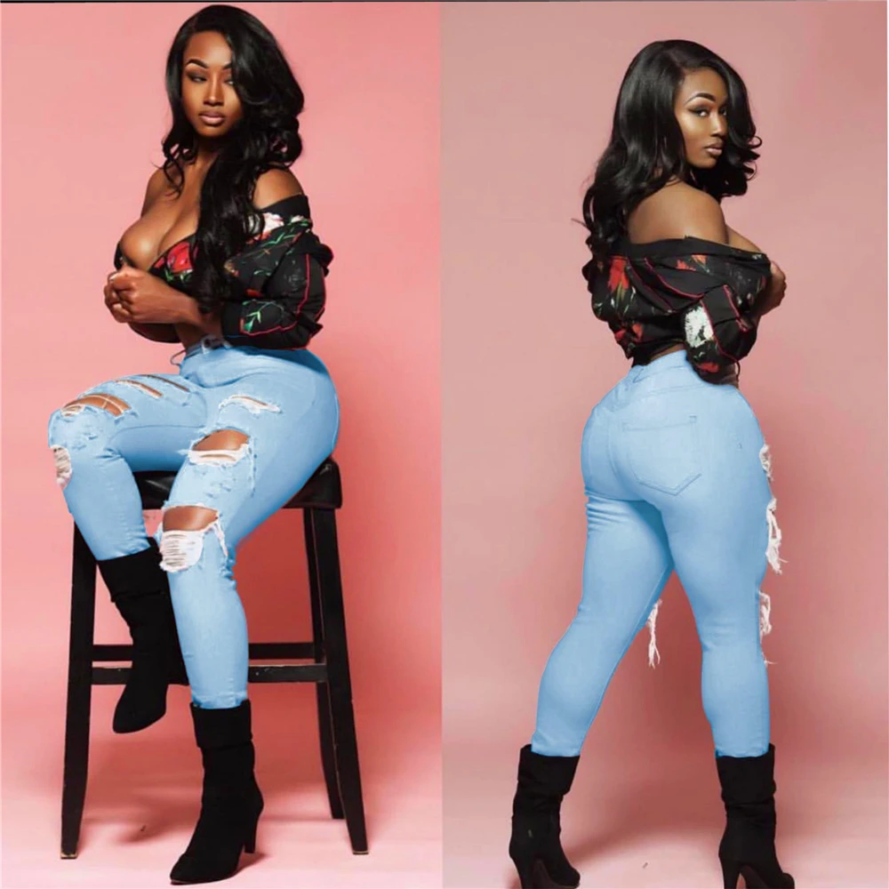 Женские повседневные джинсы с высокой талией потертые дырками Стрейчевые