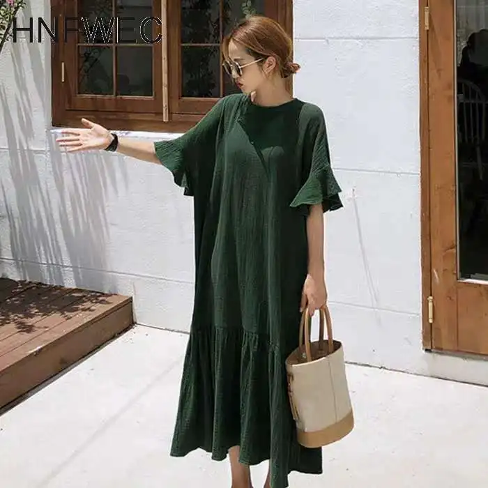 

2020 New Summer Dresses Round Collar Solid Color Short Sleeve Dress Korea Loose Mid-length All-match Big Size Vestidos U189