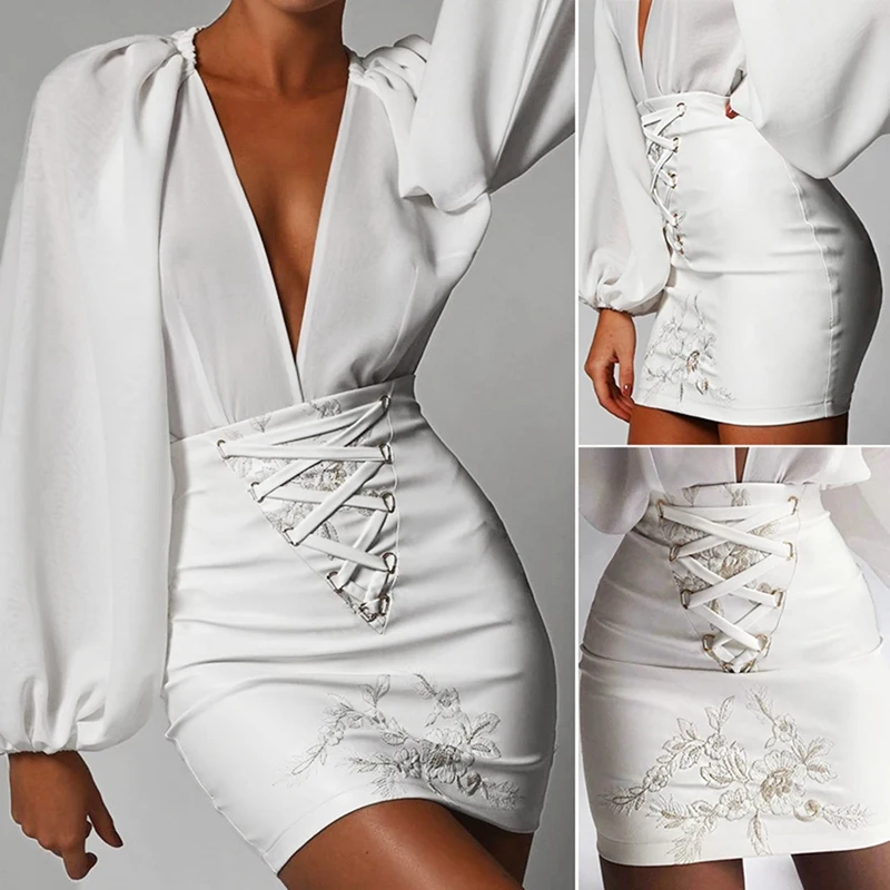 

Sexy Women PU Leather Embroidered Skirts Bandage Lace Up High Waist Mini Skirts Party Pencil Leather Skirts