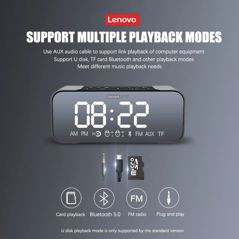 Беспроводной Bluetooth динамик Lenovo L022 BT5.0 светодиодный Будильник портативный