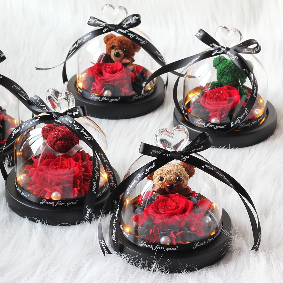 

Mother Day Present Dried Flowers The Beauty And Beast Eternal Real Rose With LED in Glass Dome Valentine Wedding Home Decor Gift