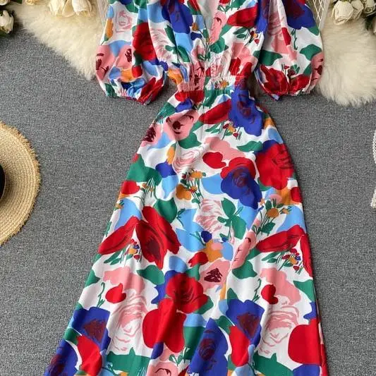 

French elegant print oil painting dress autumn 2020 New Goddess temperament V-neck waist vacation dress Midi Dress Robes