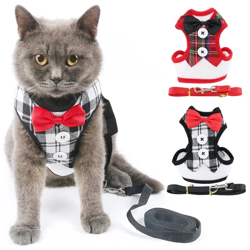 

Christmas Small Dog Harness And Leash Set Pet Vest Harness Soft Mesh Plaid Puppy Harness with Bowknot Adjustable Mesh Dog Walkin