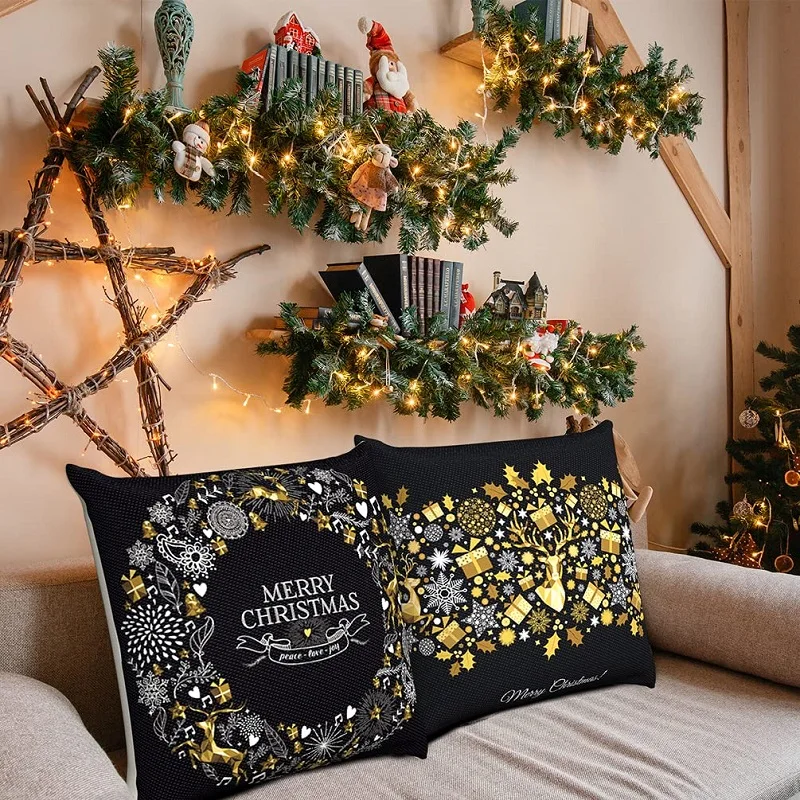 

Christmas Black Gold Cushion Cover Xmas Decoration Throw Pillow Covers For Sofa Bed Home Cartoon Print Pillowcase New Year Gift