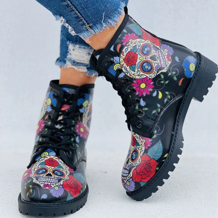 2021 New Printing Leather Martin Boots Women Autmn New High Top Ankle Shoes Lace Up Female Fashion Black Leather Ankle Boots
