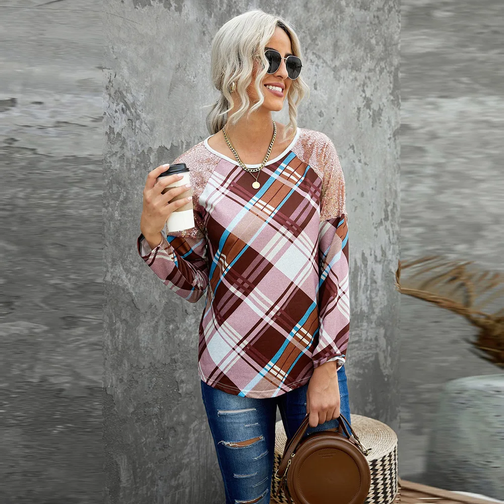 

Shichao 2021 new leopard print long-sleeved T-shirt European and American ladies loose round neck pullover top woman tshirts