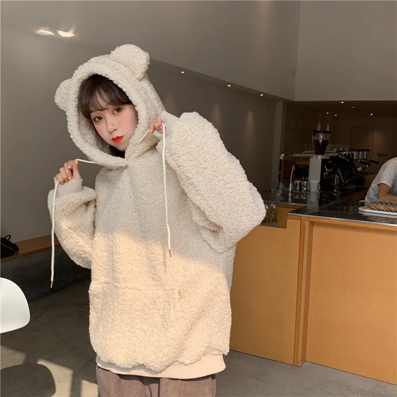 

2021 Women Hoodie Korean Style Winter Casual Cute Kawaii Warm Sweatshirt Loose Female Pocket Oversized Hoodies for Girls