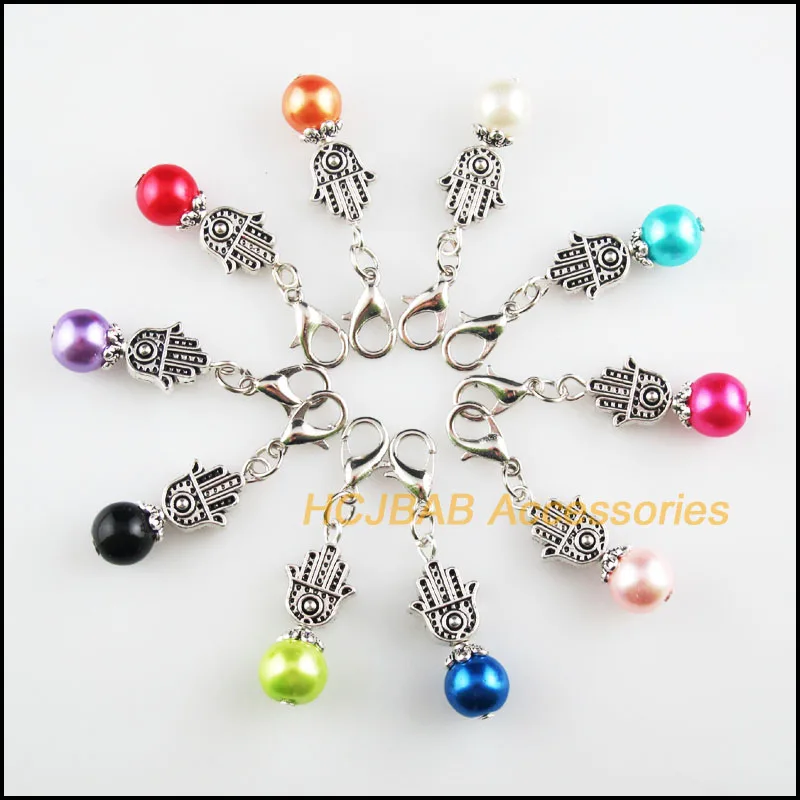 

10Pcs Tibetan Silver Tone Palm Retro Mixed Ball Glass 10x25mm With Lobster Claw Clasps Charms
