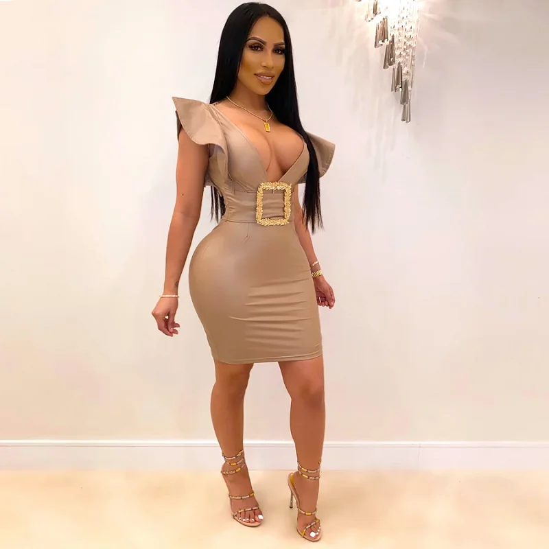 

Sexy V Neck Sleeveless Bodycon Club Dresses Bandage Black Beige Fashion Ruffles Buckle Sashes Women Party Summer Vestidos 2020