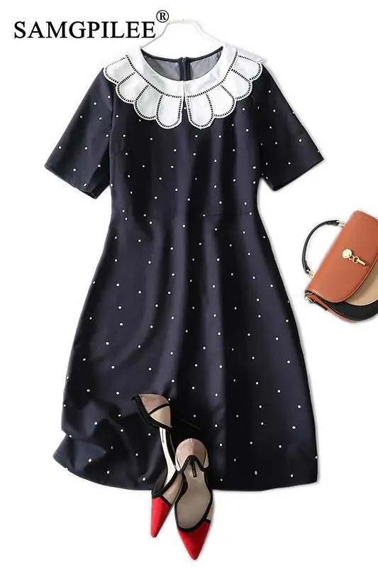 

Summer Dress Women Korean Style Lotus Leaf Collar High Waist Slim Knee Length Fashion Thin Polka-dot Plus Size Dress Woman 4XL