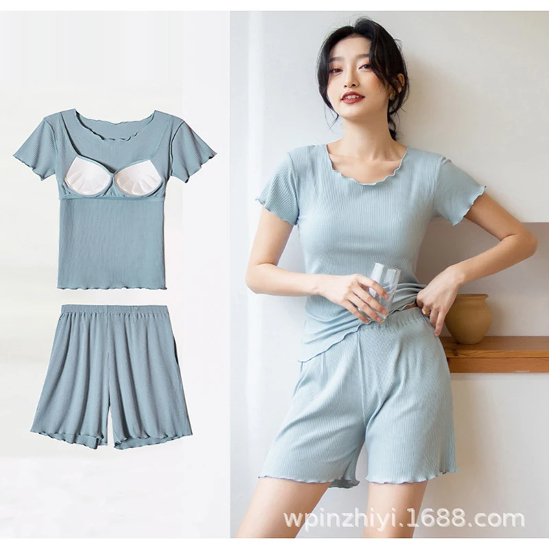 

Short-sleeved T-shirt with chest pad 5-point pants home service women's pajamas two-piece set free bra and underwear all in one