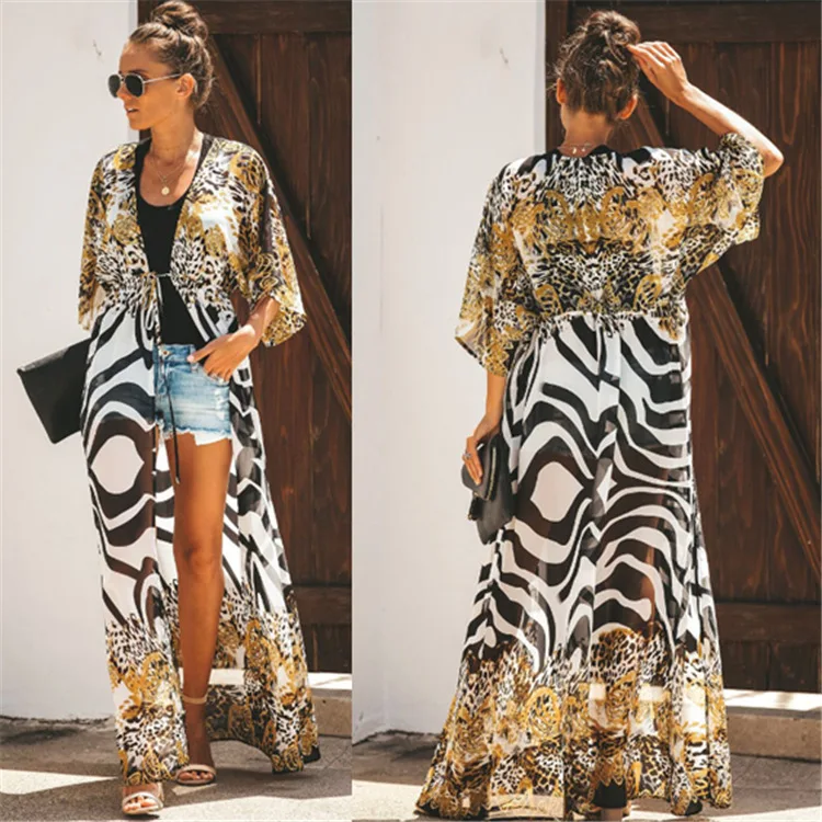 

Swimwear Cover Up Women Summer 2019 Chiffon Leopard Print Beachwear Tunic Cardigan Rube Half Sleeve Maxi Bohemia Bikini Dresses