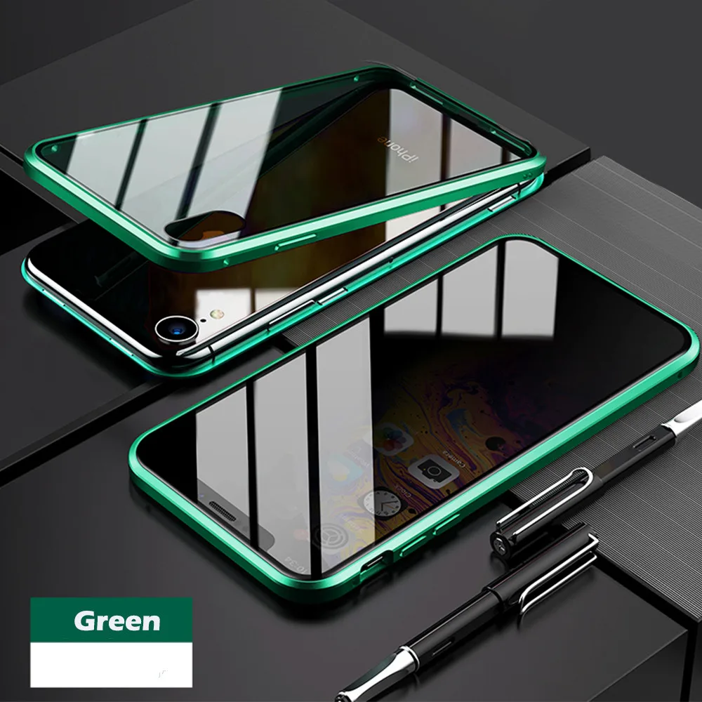 Зеленый Магнитный чехол для iPhone X XS MAX XR 7 8 Plus адсорбционный металлический чехол для мобильного телефона защитный чехол из закаленного стекла - Цвет: Зеленый