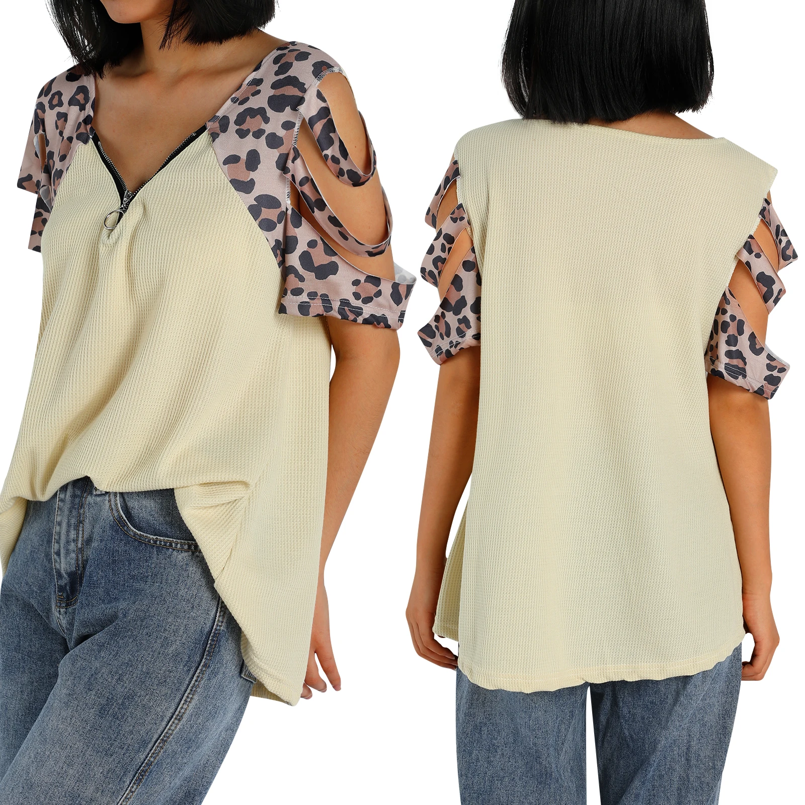 Лоскутная леопардовая Футболка с вырезами женская футболка глубоким вырезом и