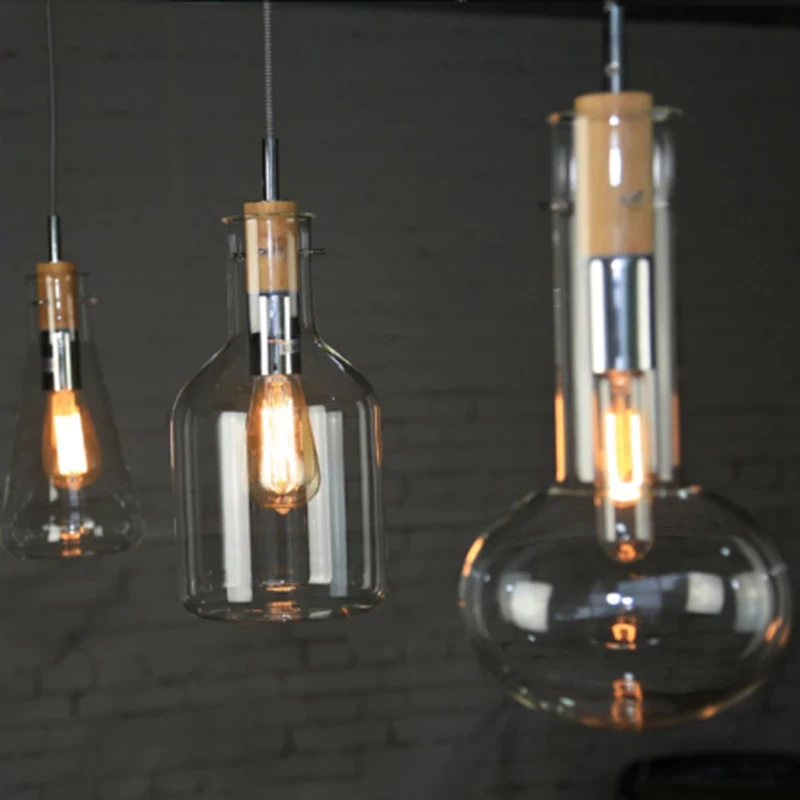 

Modern Clear Glass Laboratory Bottle Pendant Light Fixture DIY Home Decoration Dinning Room Bar Cafe Wood E27 Bulb Pendant Lamp