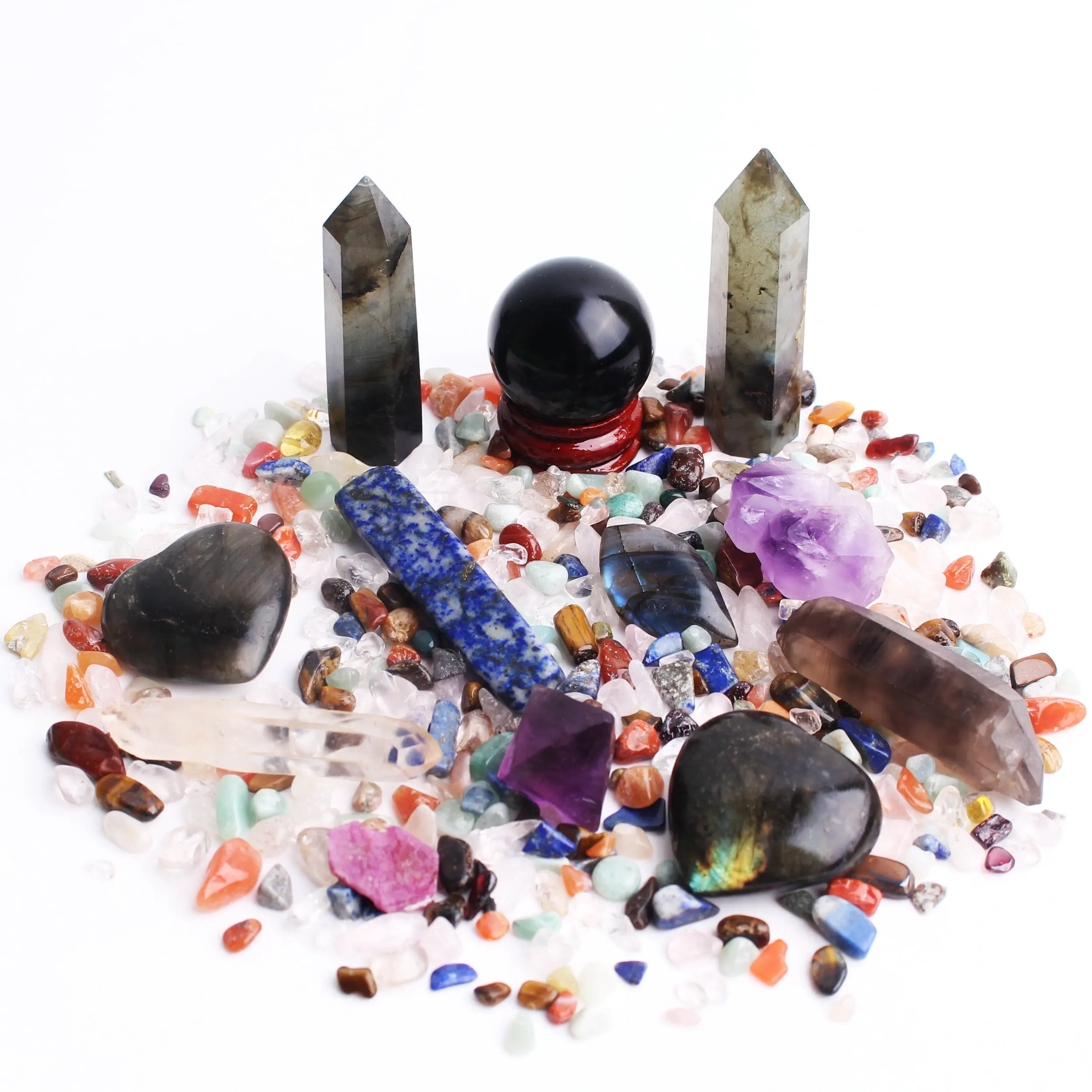 Много Натурального цветного камня чакра гравий обелиск кулон хрустальный шар