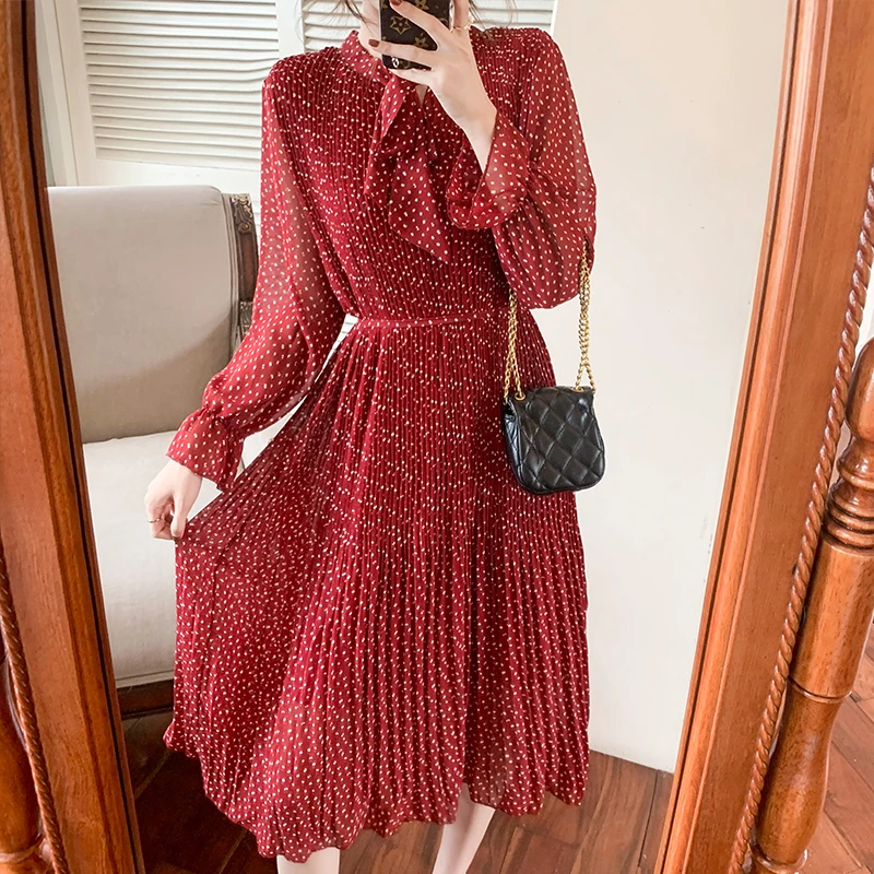 

2021 Autumn Long Sleeve Floral Polka-Dot Stand-Up Collar Tie Pleated Mid-Length Chiffon Dress