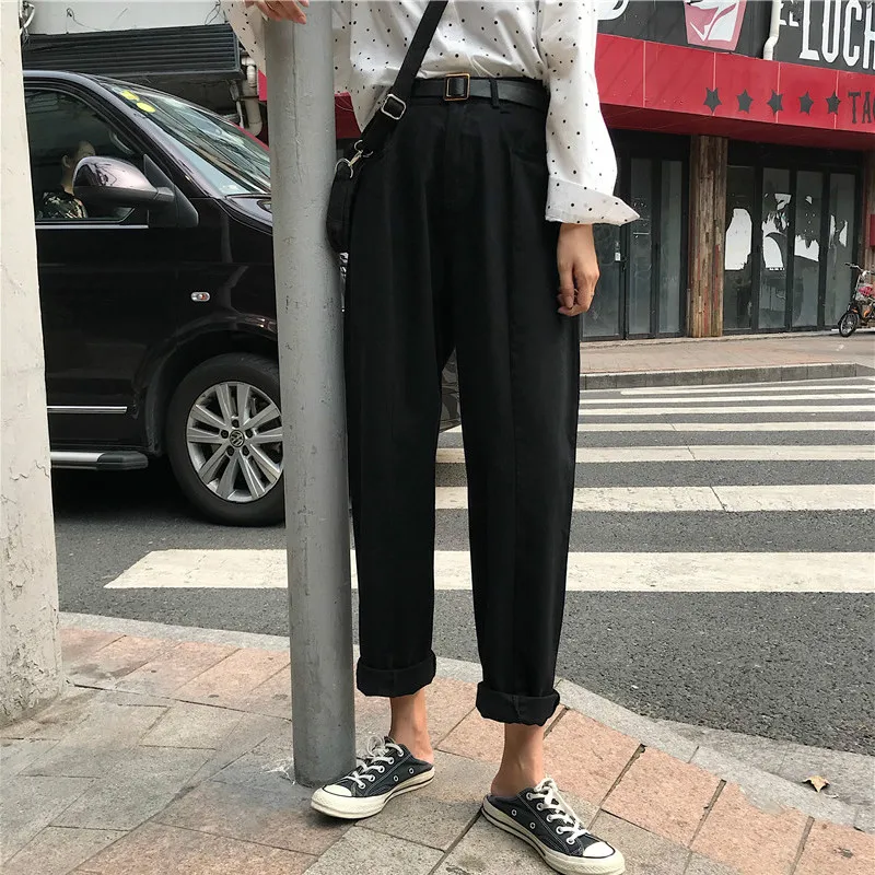 Джинсы женские Kawaii милые универсальные простые Harajuku уличная мода повседневные с высокой талией свободные джинсовые женские брюки шикарные