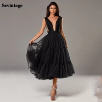 sevintage 2021 modest ball gown prom dresses sleeveless v neck tea length formal evening gowns party gown fashions outfits