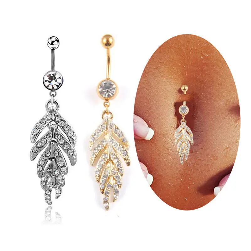 

Sexy Dangle Belly Bars Belly Button Rose Gold Rings Belly Piercing CZ Crystal Leaves Body Jewelry Navel Piercing Rings