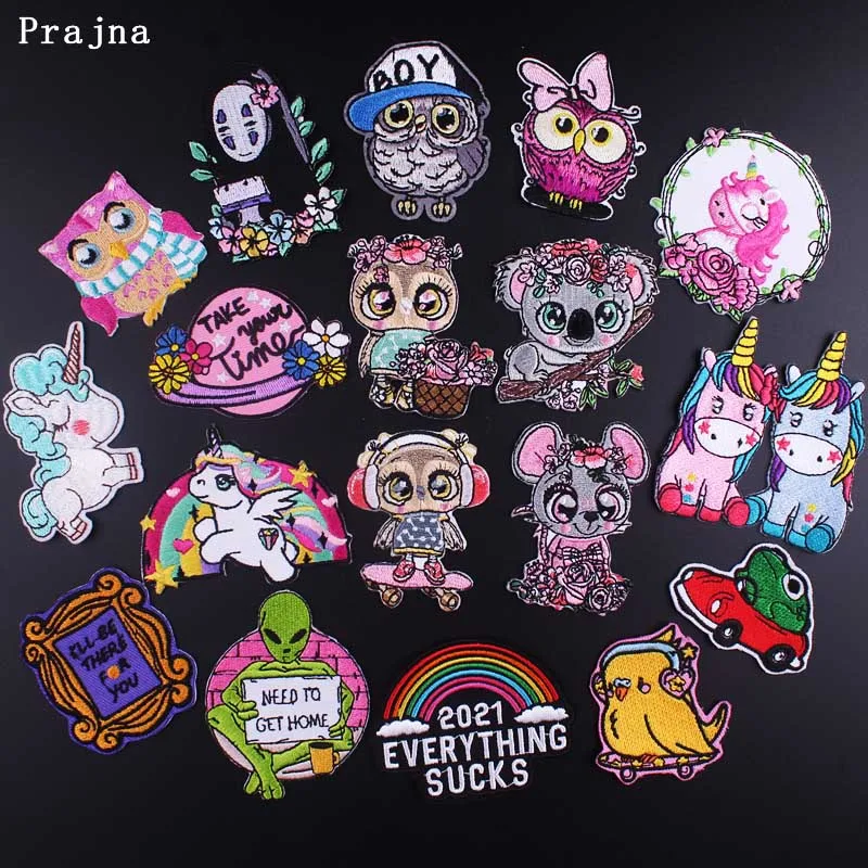 

Prajna Cute Koala Owls Patches Iron On Patches For Clothing Rainbow Unicorn Patch Alien Embroidery Badge Cartoon Animal Applique