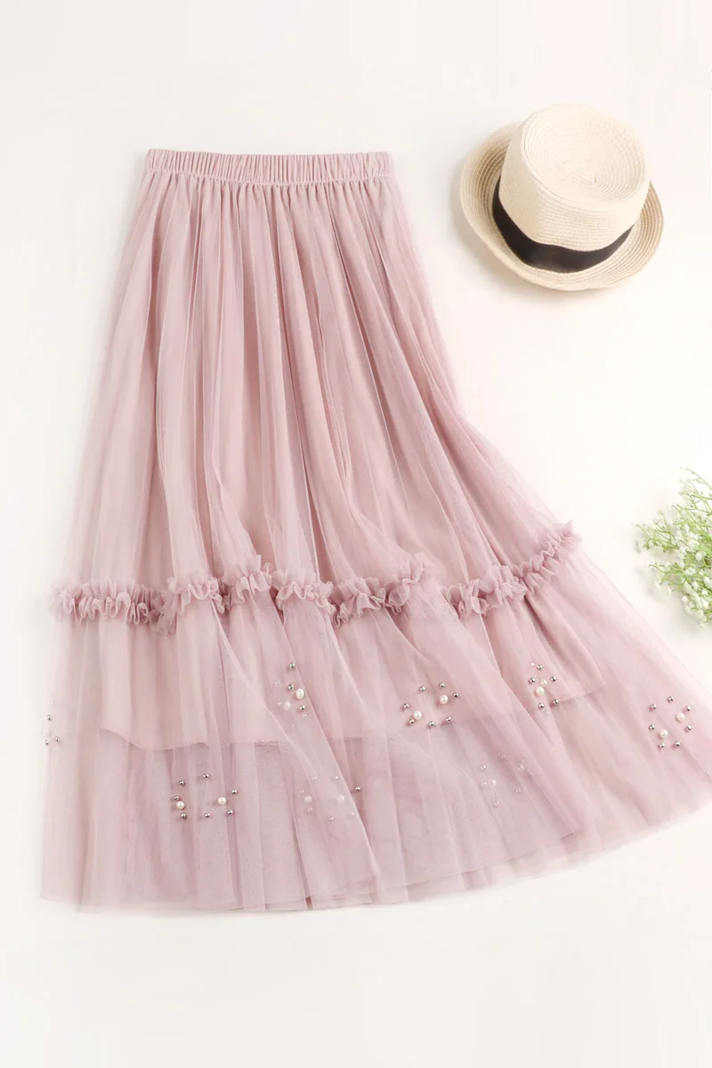 

New High Waist And Thin Nail-bead Lace Screen Yarn Mid-length A-shaped Skirt For Spring 2019 Rivet Sweet Skirts Womens