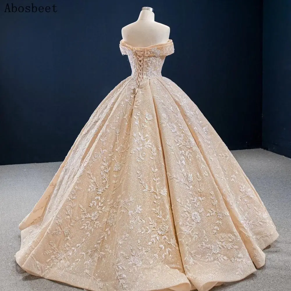 DD JYOY Champagne Shining Ball Gown Wedding Dress Off Shoulder Lace Wedding Gown Deep Sweetheart Elegant Women Wear Lace Up