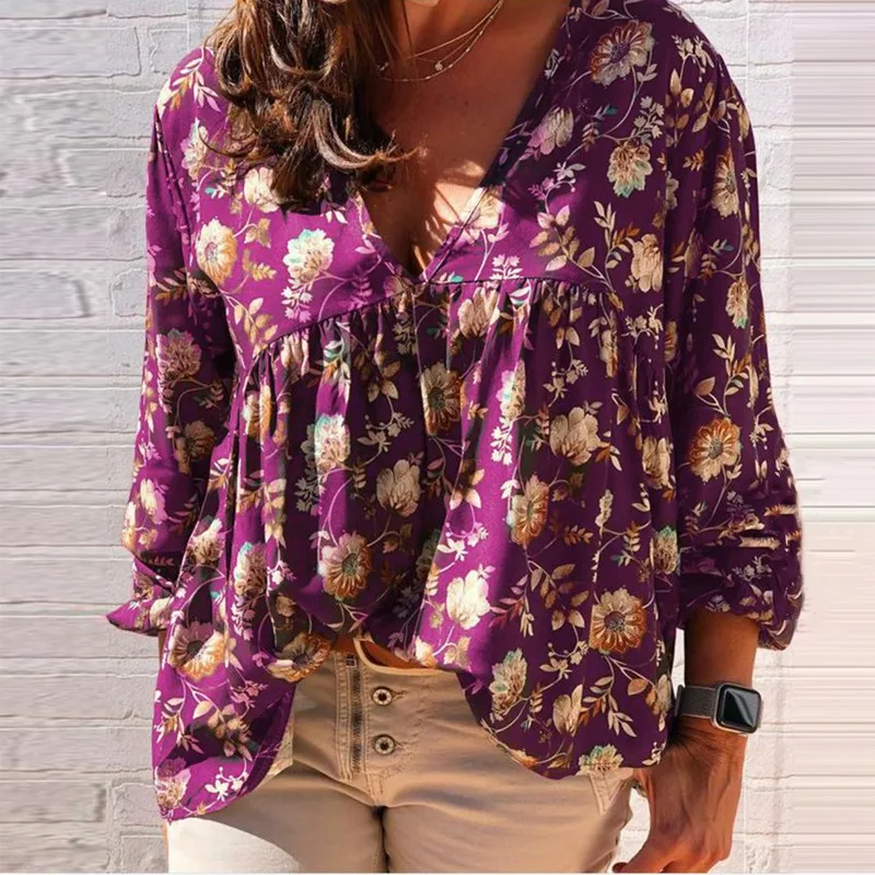 

Large size loose women blouses 2021 summer ladies shirt tops fashion casual V-neck long-sleeved printed women blouses
