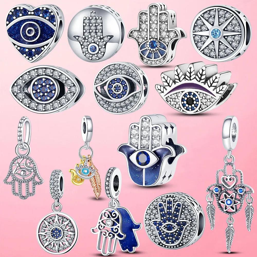 

Evil Blue Eyes Charm Silver Color Fatima Hamsa Hand Beads Pendant fit Pandora Bracelet Charms Original Silver Color Jewelry