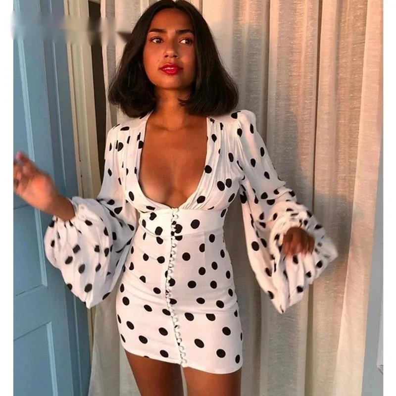 

Polka Dot Mini Dress Women V Neck Lantern Long Sleeve Autumn Dress High Waist Buttons Down Party Dress Vestido 2021