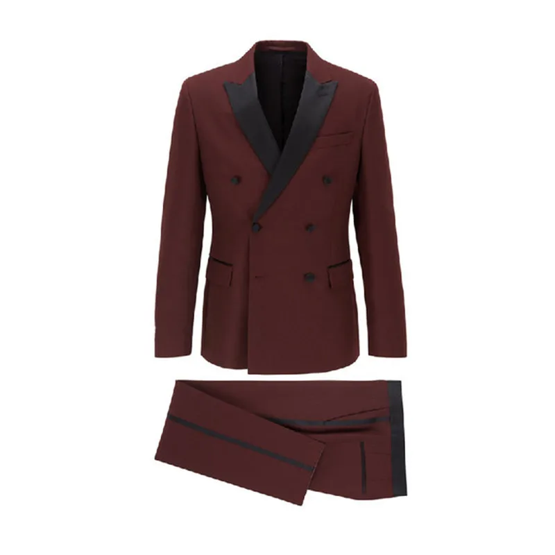 

New Fashion Burgundy Double Breasted Men Suits With Black Peak Lapel Tailor-Made 2 Pieces Formal Business Wedding Causal Wear