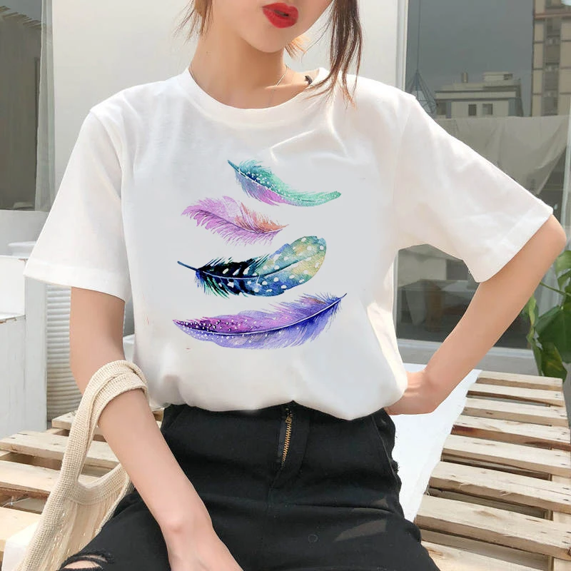 

Dreamcatcher casual O-neck top shirt Women's T-shirt Feather Harajuku printed T-shirt fashion casual white T-shirt