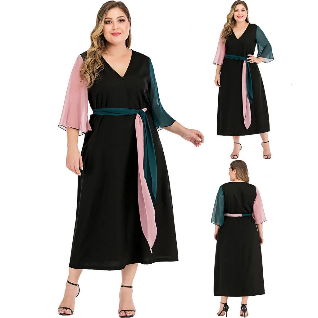 Модное женское Повседневное платье размера плюс с длинным рукавом однотонное