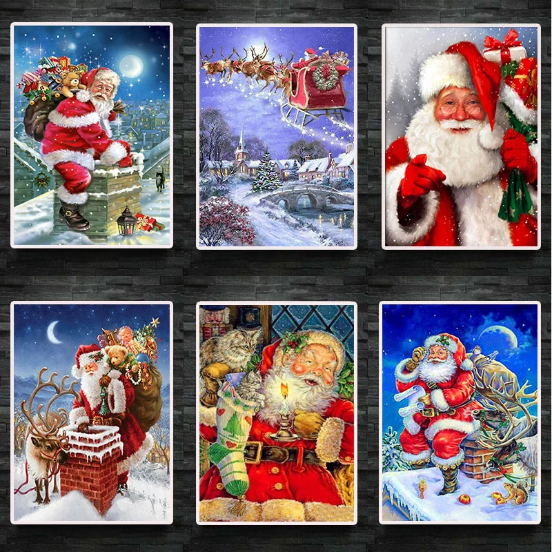 

Christmas Santa Claus Gift Picture Canvas Painting Sleigh Elk Night Posters and Prints In Living Room Decoration Home Cuadros