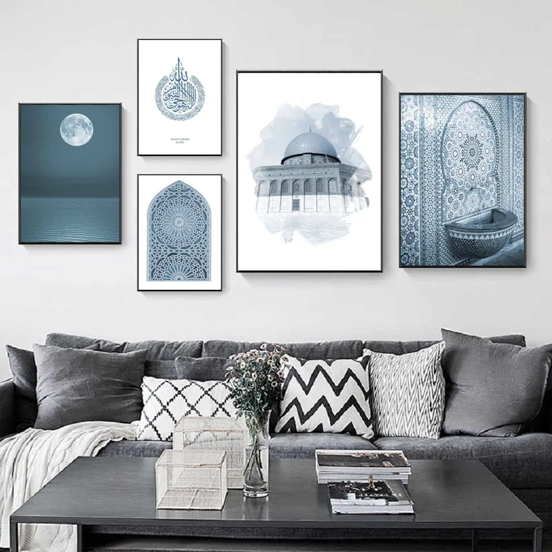 

Muslim Islamic Building Wall Print Mosque Home Decor Quote Canvas Art Painting Poster Morocco Living Room Blue Picture for Decor