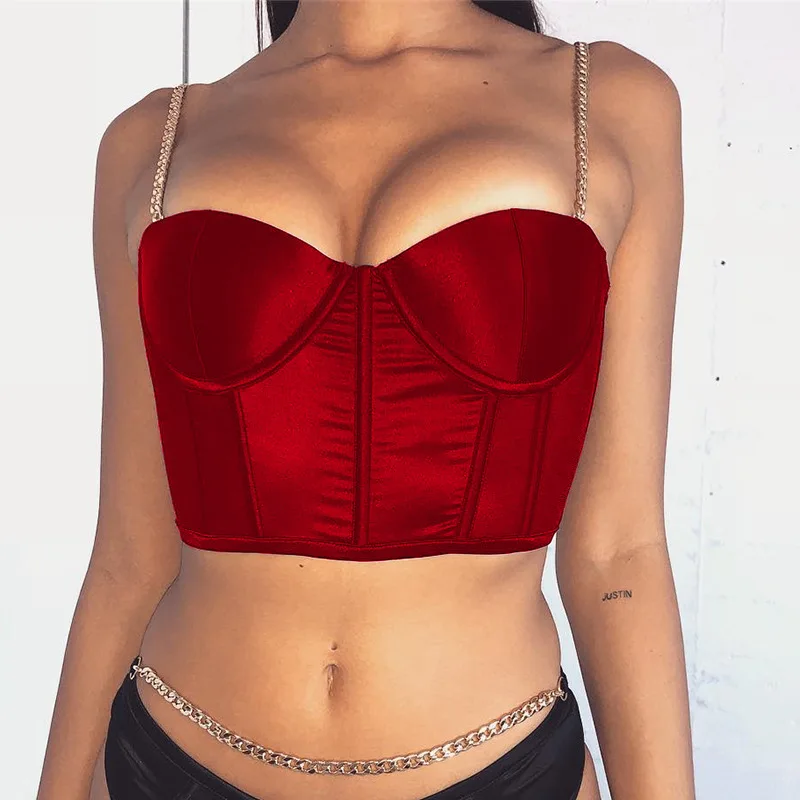 Summer Crop Top Women Sexy Bustier Top Blackless Chain Strap Padded Cropped Casual Satin Black Crop Tops Clothes 2021 Tank Top