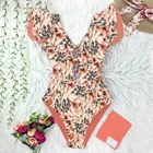 Цельный купальный костюм 2021, сексуальная купальная одежда с оборками, женский купальный костюм с V-образным вырезом, пляжная одежда, монокини с цветочным принтом для плавания