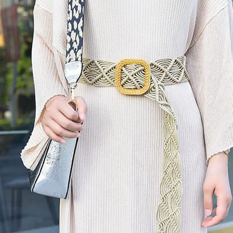 

Fashion Wide Waistbands Women Elastic Waist Belt for Dress Sweater Decorative Waist Seal Wax Rope Woven Belt Round Wood Buckle