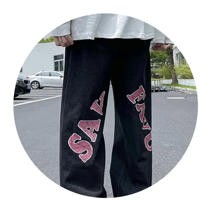 Джинсы мужские прямые с вышивкой модные Универсальные брюки широкими штанинами