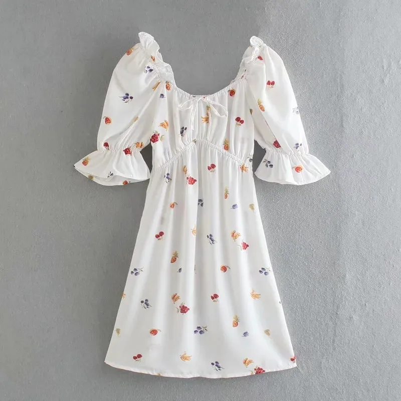 

Merodi Vintage Women Square Collar Short Puff Sleeve White Summer Mini Dress Girls Front Drawstring Lace Up Fruit Print Dresses