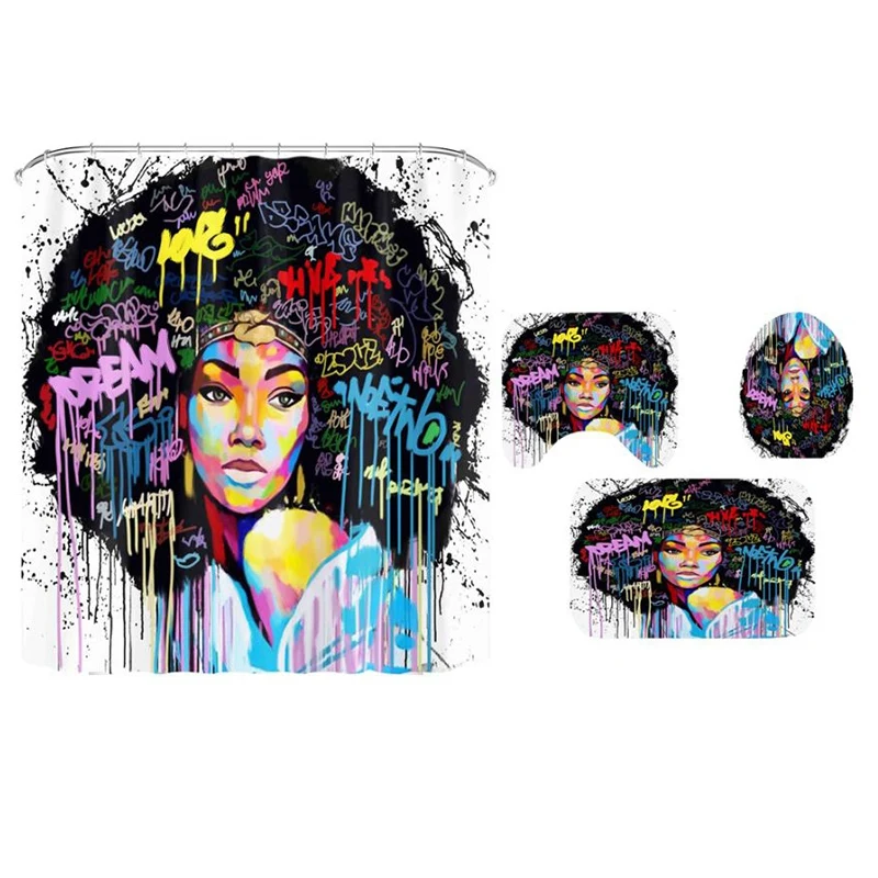 

Charming African Shower Curtains Lady Women Colored Hair Bathroom Set Non-Slip Rugs Toilet Lid Cover Mat