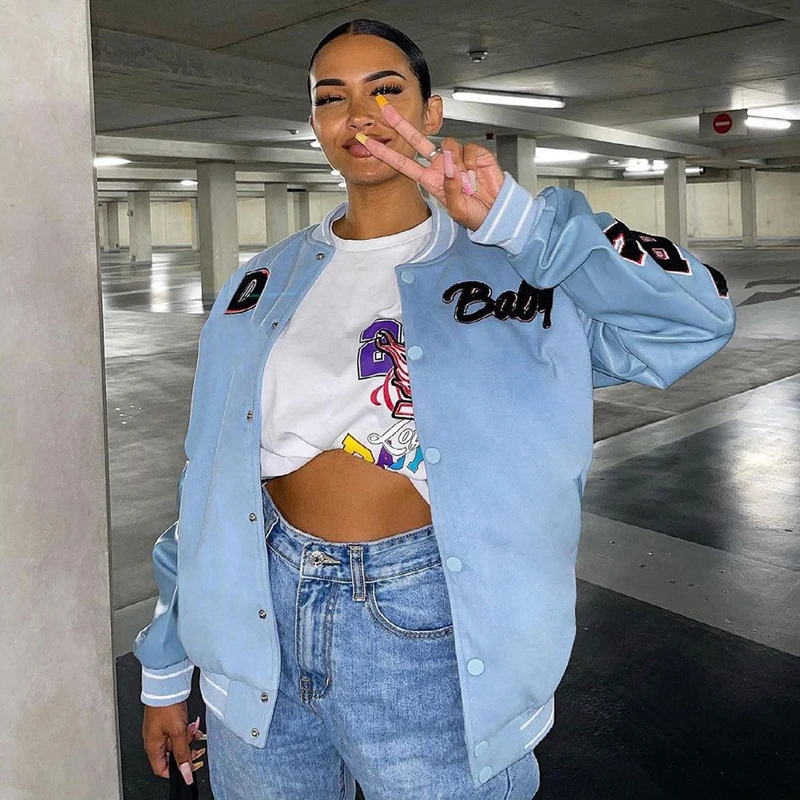 

Y2K Women Sports Coat Long Sleeve Letters Print Buttons Loose Pullover Casual Loose Oversized Jacket