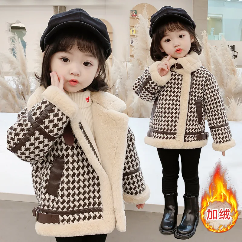 

Girls Boys Coat Jacket Tops 2021 Houndstooth Warm Plus Velvet Thicken Winter Autumn Cotton Baby's Kids Long Children's Clthing
