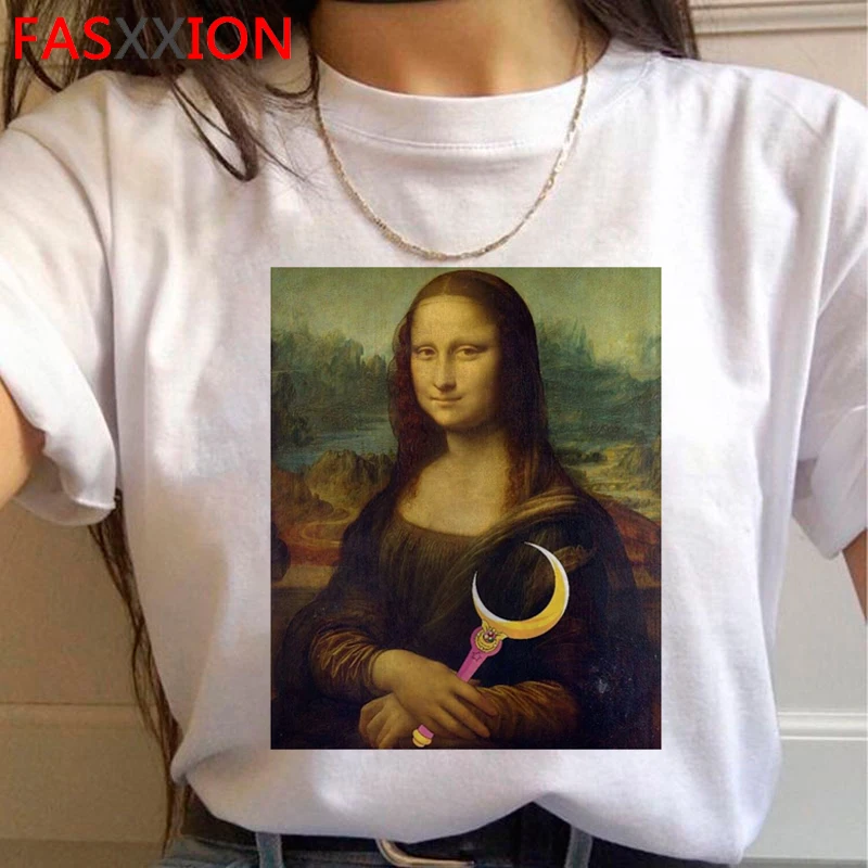 Mona Lisa Эстетическая забавная мультяшная футболка для женщин гранж Винтаж 90s