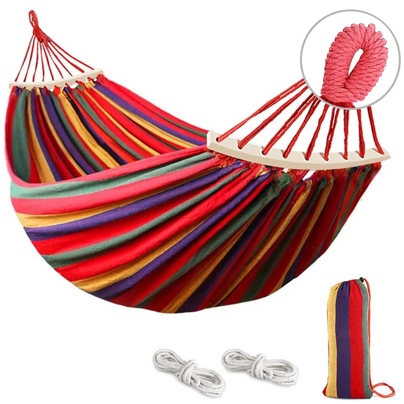 

Outdoor Hammock Portable Garden Sports Home Travel Camping Swing Thickened Widened Canvas 280x150cm Red Stripe Hang Bed with Bag