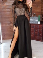 skmy black mesh perspective patchwork sexy a line high split dress party fashion elegant long dress club outfits for women